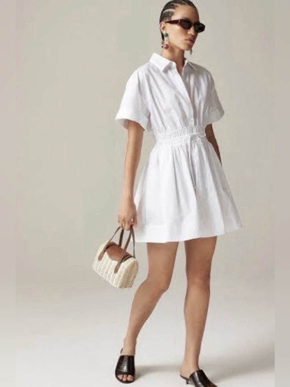 NWT J. Crew Elena Mini Shirt-Dress Smocked Cotton Poplin White Sz. 10 $148